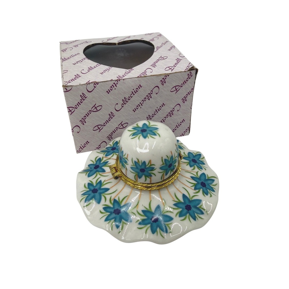 Porcelain Sun Hat Hinged Trinket Box Blue‎ Floral White Gold
